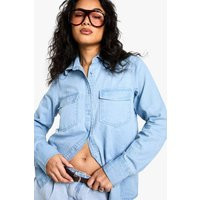 boohoo Women's Chambray Denim Long Sleeve Shirt in Light Wash | Size: 4 | boohoo (US & Canada)