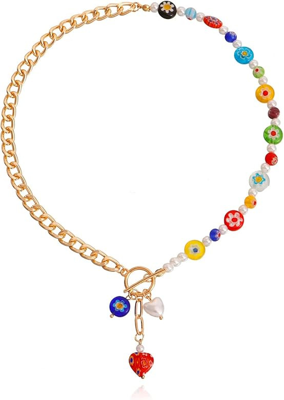 CJIAYUJEW Colorful Gold Chunky Heart Necklace for Women Heart Pendant OT Cuban Chain Necklace Boh... | Amazon (US)