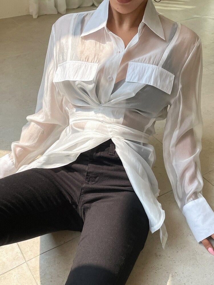 DAZY Flap Detail Button Front Tie Back Shirt | SHEIN