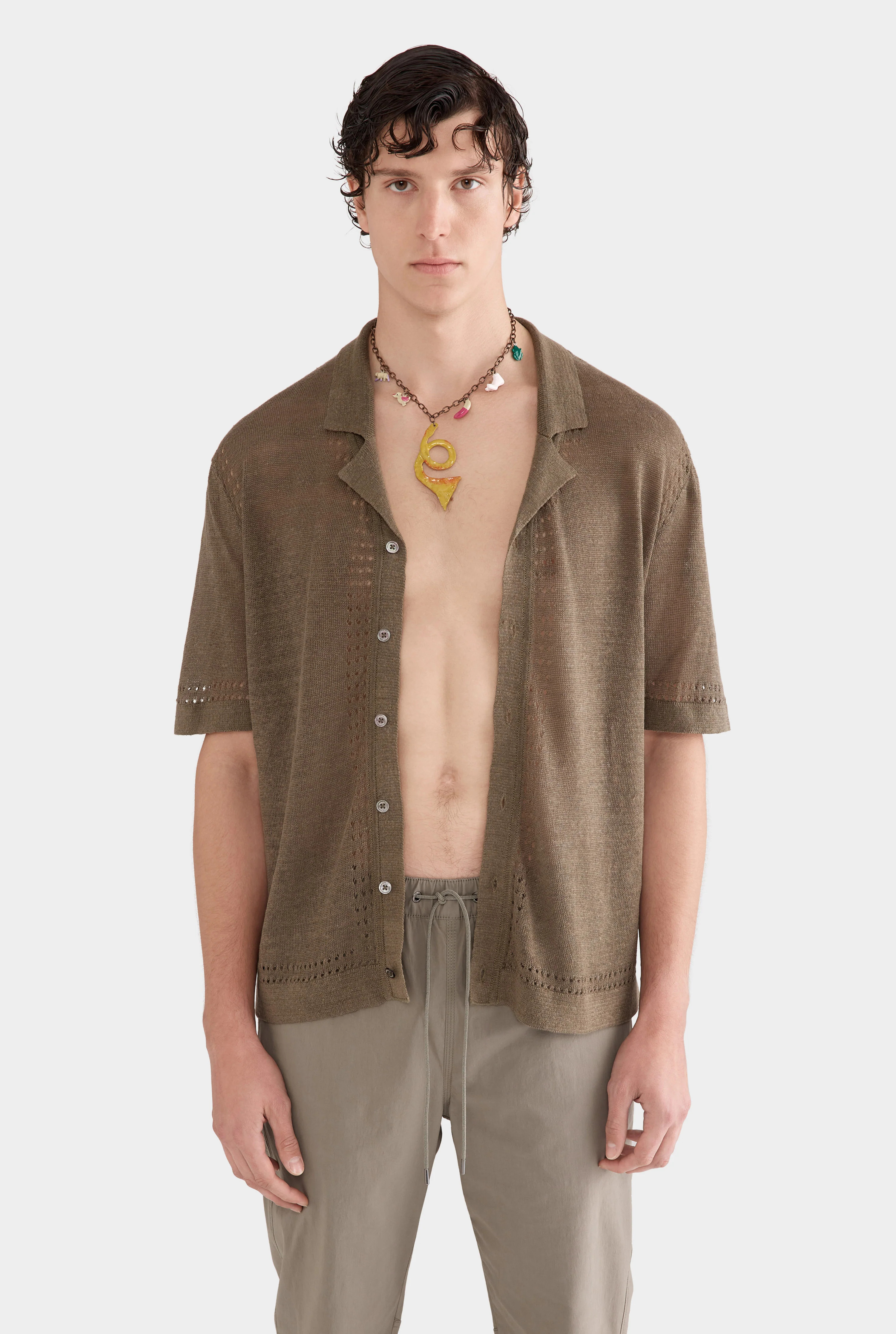 Mens Knitted Contrast Stitch Short Sleeve Shirt Olive | Venroy | Venroy AU