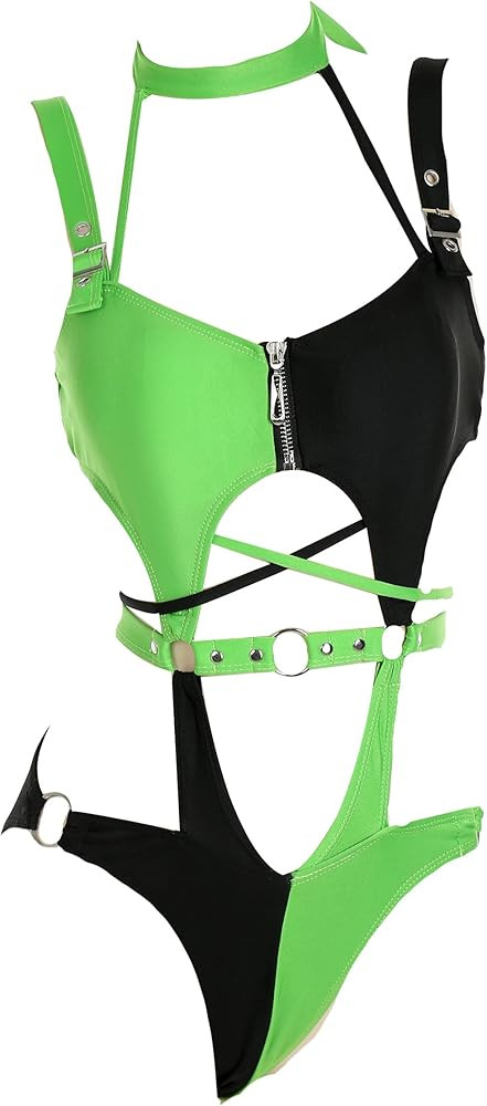MEOWCOS Women's One Piece Swimwear Gothic Swimsuit Green and Black Spliced Cutout Bathing Suit | Amazon (US)