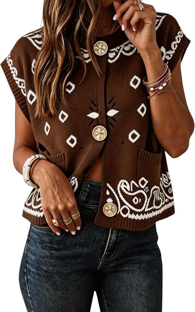 Womens Bandana Paisley Knit Vest Sleeveless Cropped Cardigan | Amazon (US)