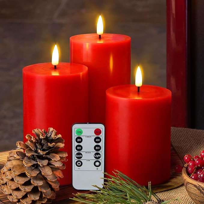 Eywamage Red Christmas Flameless Pillar Candles with Remote, Battery Operated LED Wax Candles Set... | Amazon (CA)