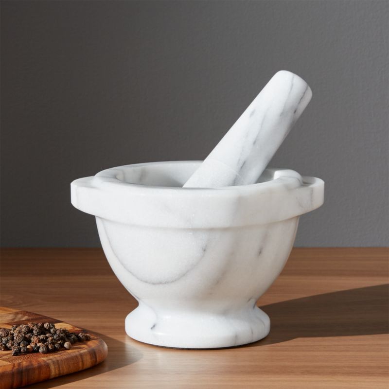 French Kitchen White Marble Mortar and Pestle Molcajete Bowl Grinder + Reviews | Crate & Barrel | Crate & Barrel