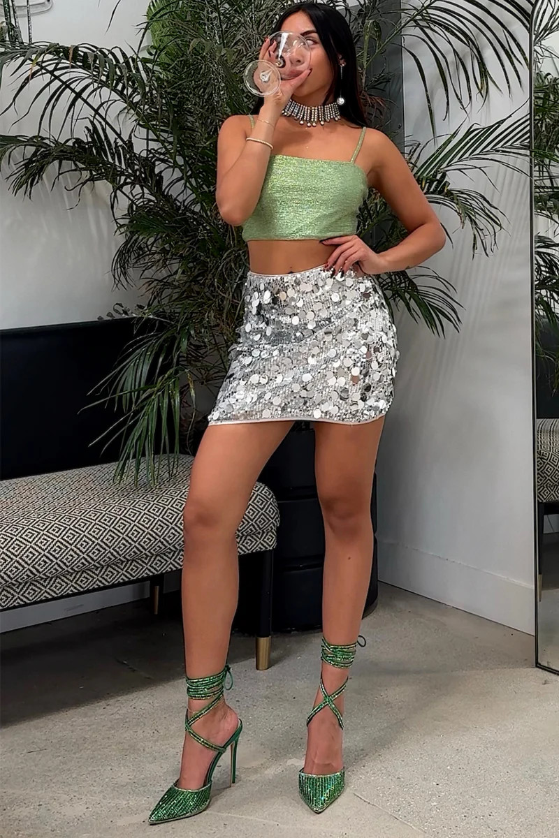 Sadie Silver Disco Sequin Mini Skirt | 12th Tribe