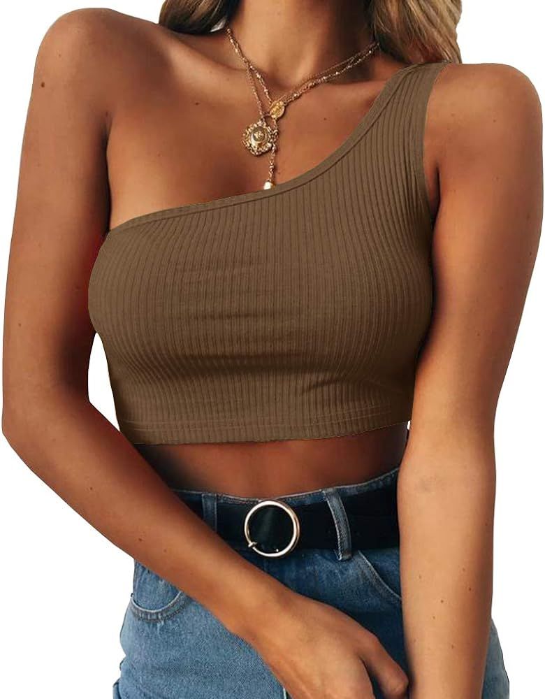 Minclouse Women's One Shoulder Sleeveless Crop Tops Summer Sexy Strappy Tank Tees | Amazon (US)