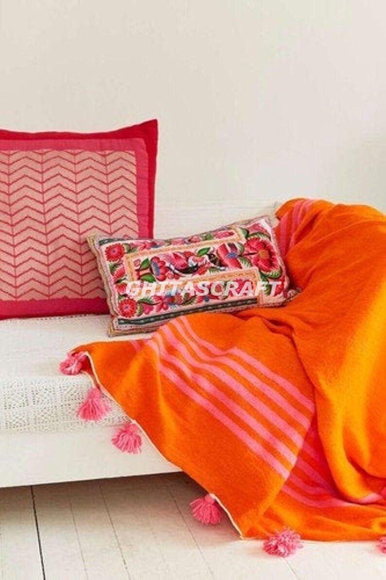 Moroccan Blanket  Pom Pom Blanket  Orange Cozy Blanket  - Etsy | Etsy (US)