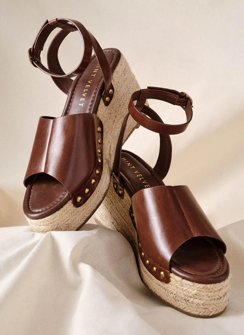 Raya Brown Leather Espadrille Wedges | Mint Velvet