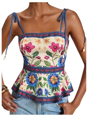 RoseSeek Women's Floral Going Out Cami Top Sleeveless Spaghetti Strap Camisole Peplum Summer Tops | Amazon (US)