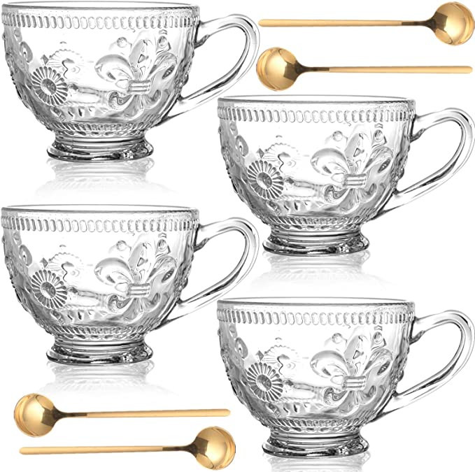 Peohud 4 Pack Glass Coffee Mugs, 14 Oz Vintage Latte Cups with Spoons, Clear Embossed Tea Cups Ju... | Amazon (US)