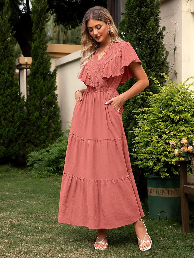 BerryGo Women's Boho V Neck Ruffle Wrap Maxi Dress Casual Tiered Summer Swing Dress | Amazon (US)