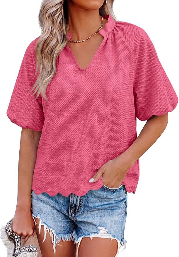 Tankaneo Womens Puff Sleeve Tops Summer Textured V Neck Scalloped Blouses Dressy Casual Loose Fit... | Amazon (US)
