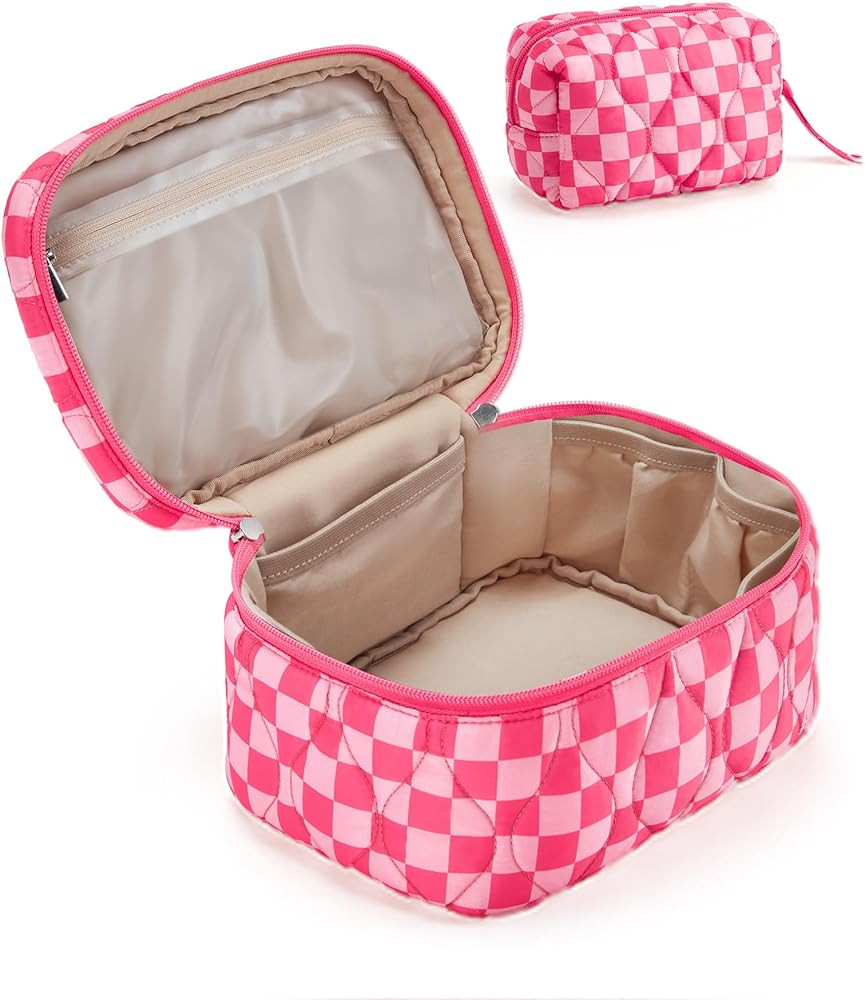 BAGSMART Travel Makeup Bag, 2-Piece Puffy Quilted Cute Make Up Bag Cosmetic Bags for Women, Large... | Amazon (US)