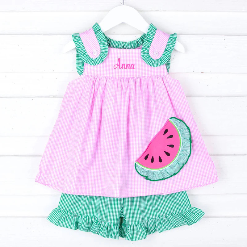 Watermelon Applique Pink Gingham Short Set | Classic Whimsy