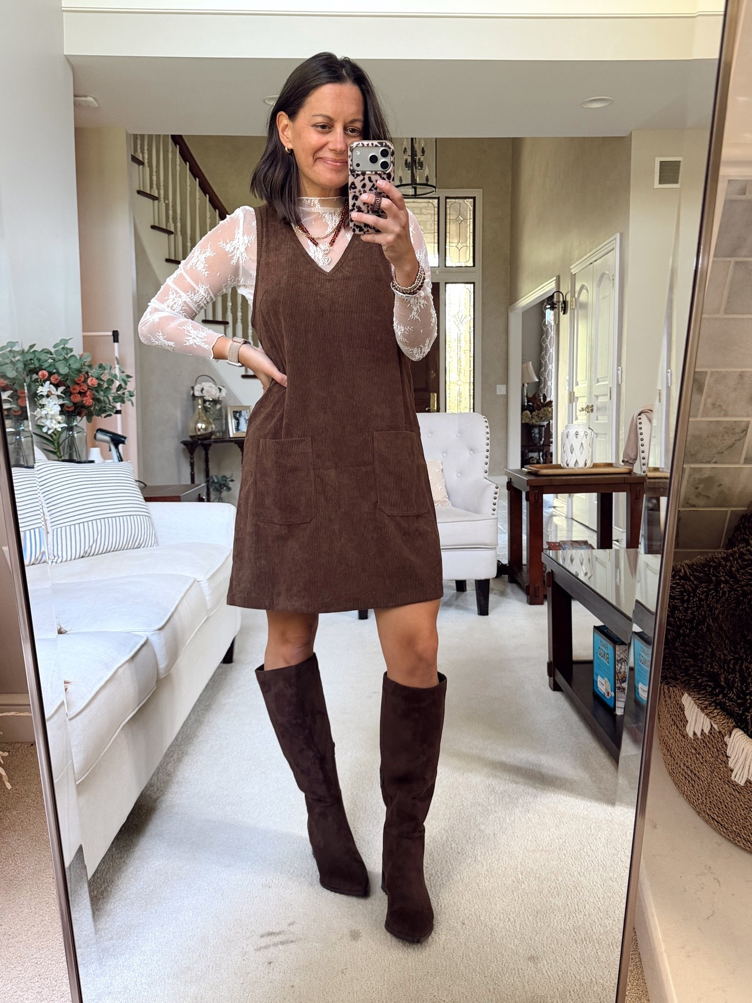 Amazon jumper runs true to size to big, lace top runs true to size, boots run true to size.


Fall photos outfit idea! Thanksgiving outfit, girl’s night outfit, date night outfit.