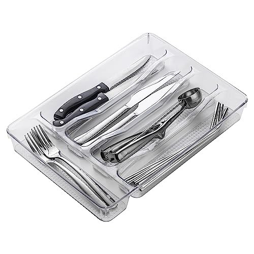 SIMPLEMADE Large Silverware Tray Organizer, 5-Compartments, Non-Slip Lining for Kitchen Drawer Flatware (Clear) | Amazon (US)