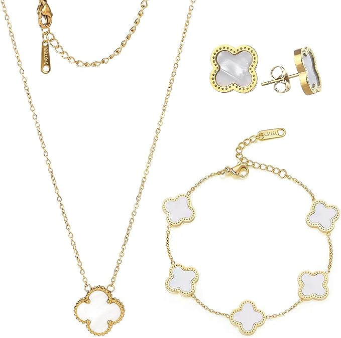 18k Gold Plated Lucky Clover Sets Necklace Pendant Bracelet Earrings for Women Fashion Simple Cut... | Amazon (US)