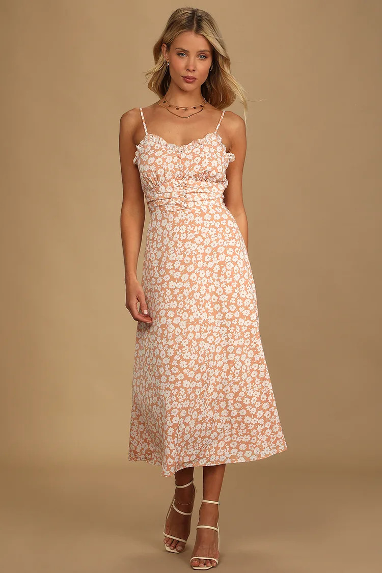 Timeless Touch Peach Floral Print A-Line Midi Dress | Lulus (US)