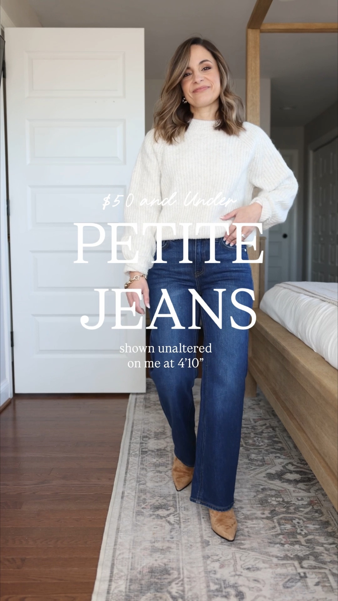 $50 and under petite jeans! 

Quince Bella Relaxed Straight 
24x 28” (inseam options start at 26”)
Length shrinks in the wash over time
10” rise / 28” inseam (washed 27”)/ 7.5” leg opening  

Kohl’s LC Lauren Conrad Super High Rise Flare 
Petite 0 
9.75” rise / 29” inseam - petite short 28” inseam / 9.75” bottom opening 

Kohl’s LC Lauren Conrad High Rise Kickflare 
0 standard 
10.5” rise / 26” inseam / 7.5” bottom leg opening 

BR Wide Leg
petite 24 - tts but stretch with wear 
10” rise/  27.5” inseam /9.25” leg opening

White sweater (Kohl’s): petite xs 
Light Blue Sweater (Kohl’s): petite xs
Blue sweater (J.Crew Factory): xxs 
White top (Quince): xs 
Blazer (J.Crew): Petite 00 
Boots (J.Crew): tts 
Flats (Sam Edelman): tts 

My measurements for reference: I’m 4’10” and 105lbs. My bust, waist, and hip measurement is 32”, 24”, and 36”.


#LTKPetite