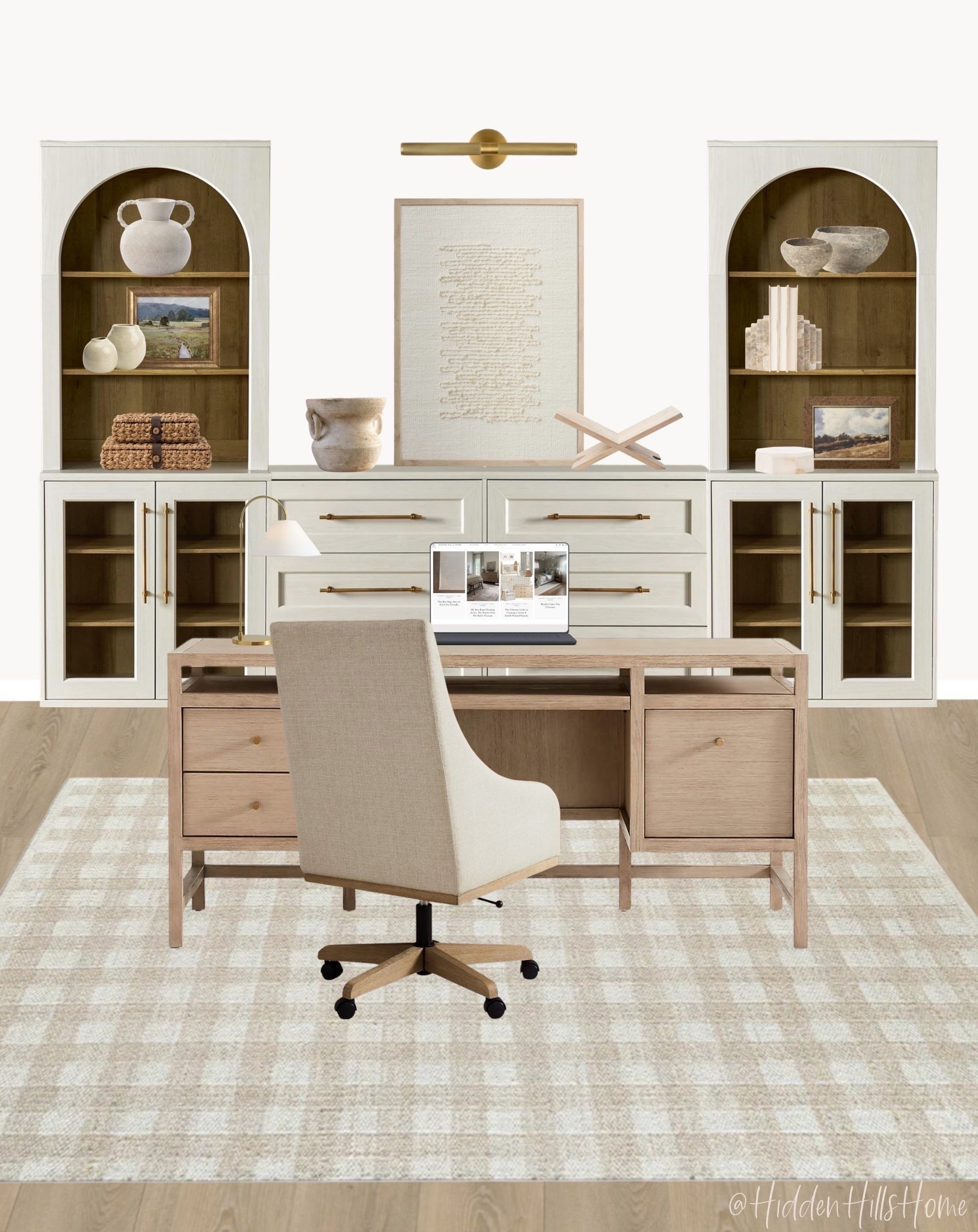 Cozy home office decor ideas, home office inspiration, office desk, affordable home decor, home office mood board, office chair, home office design, rug, shelves, office organization #homeoffice