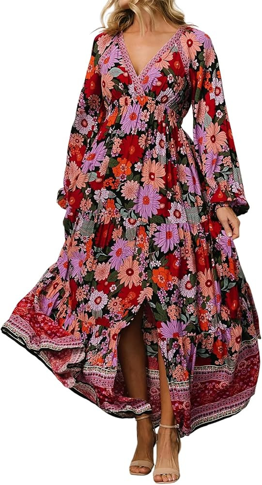 R.Vivimos Women's Boho Floral Print Maxi Dress V Neck Long Sleeve Elastic Waist Casual Flowy Slit... | Amazon (US)