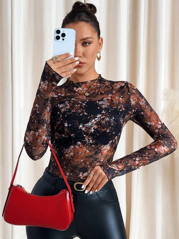 SHEIN Lavishia Women's Floral Print Mock Neck Long Sleeve Fitted Lace Blouse Valentines Clothes | SHEIN