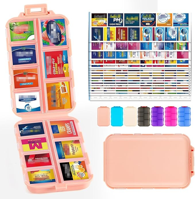 Travel Pill Organizer with Bulk Stickers & Labels - Small & Portable Week Daily Medicine Pharmacy... | Amazon (US)