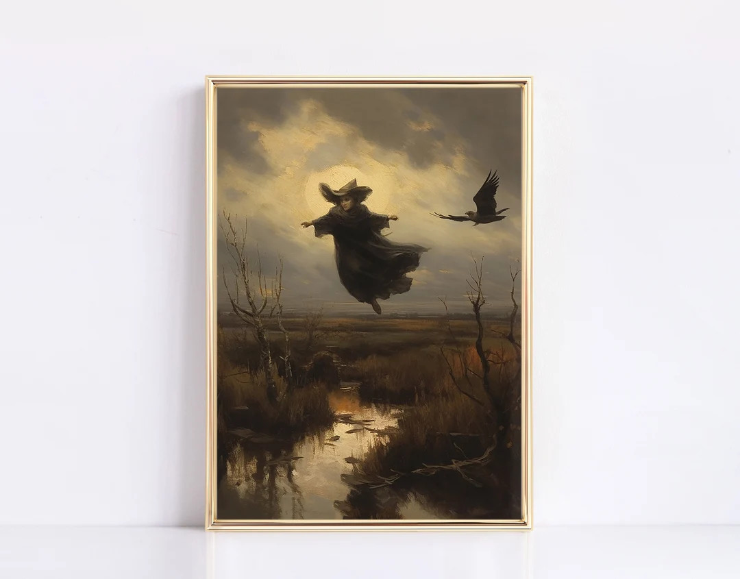 Vintage Halloween Print Dark Academia Flying Witch Fall Print Halloween Decor Modern Vintage Blac... | Etsy (US)