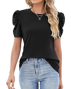 Ivicoer Puff Short Sleeve Shirt for Women Eyelet Tops Summer Crewneck Blouse Loose Fit S-XXL | Amazon (US)