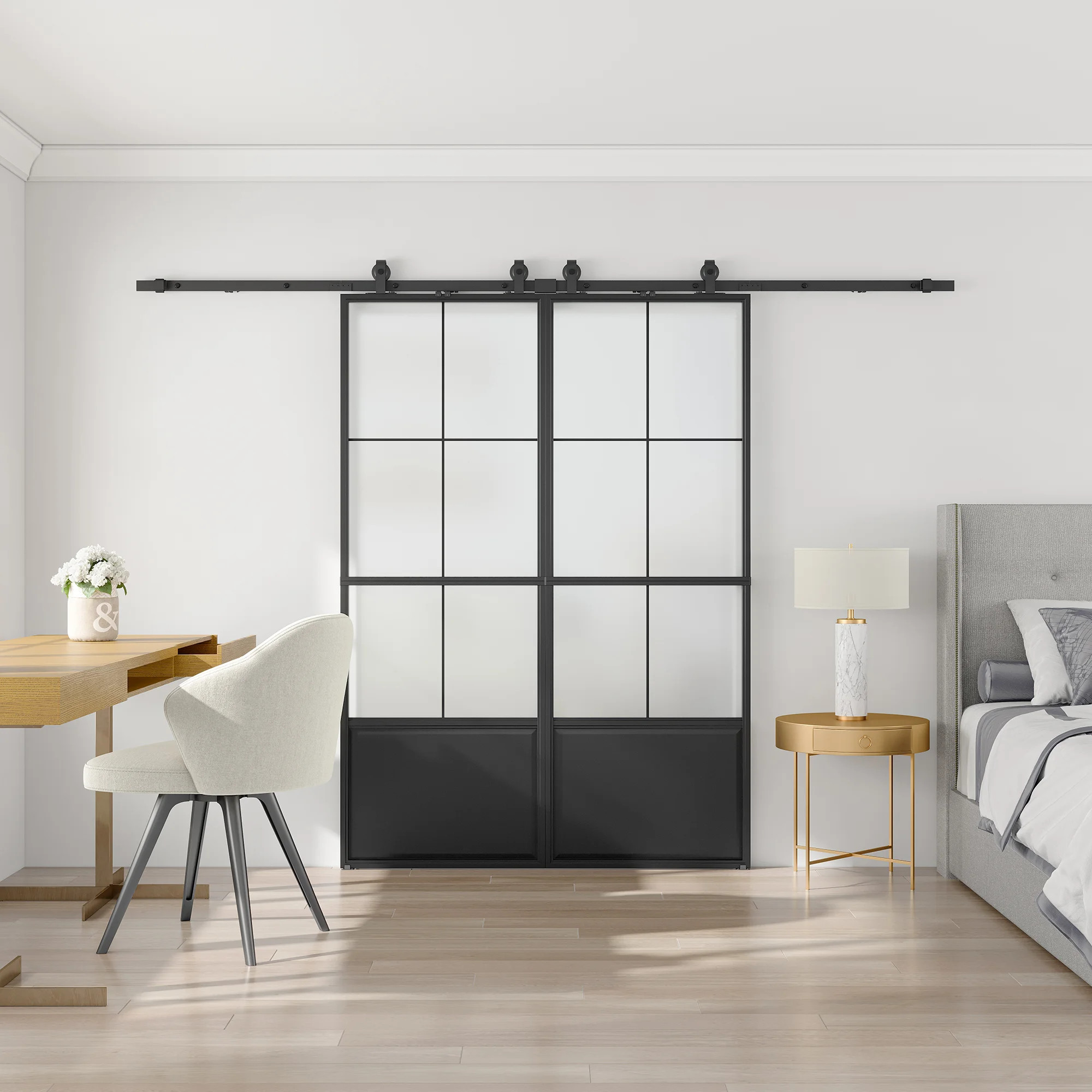 3/4 Lite Metal and Glass Double Barn Door with Installation Hardware Kit and Soft-close | Wayfair North America