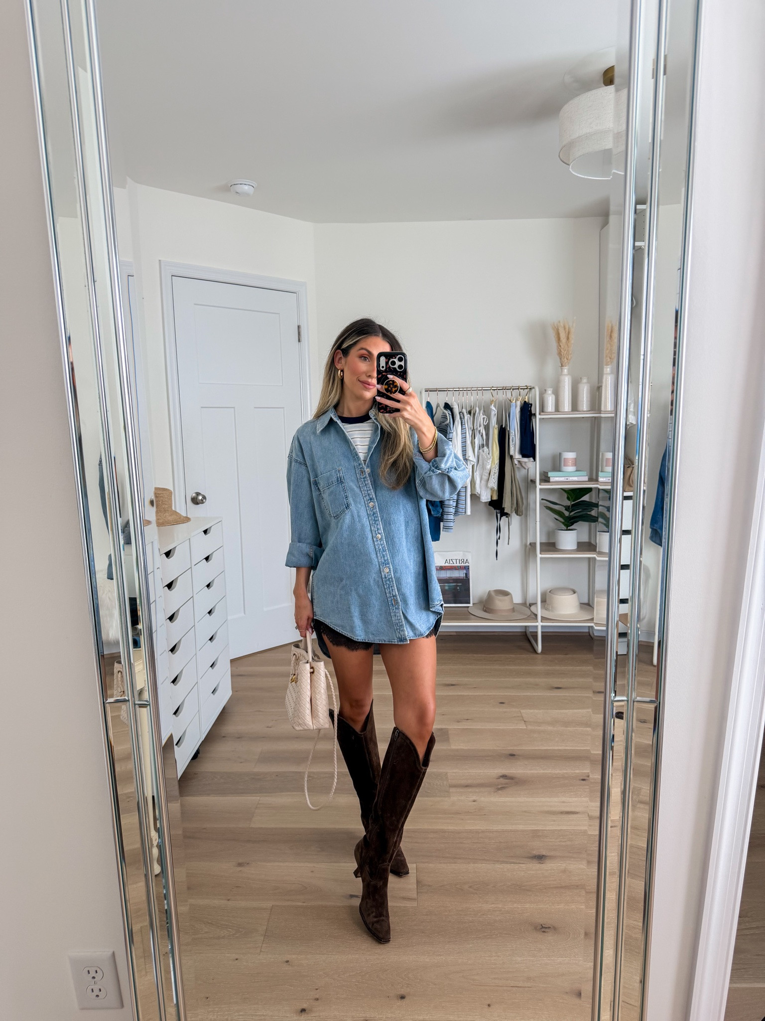 Aritzia denim button down: size xs 
Satin lace shorts: xs 
Striped oversized tee: xs 
Dolce vita boots: true to size 

Summer to fall outfit 
Early fall outfit 
Aritzia style
Aritzia outfit 
Casual outfit 
Petite style

#LTKootd #LTKgrwm #LTKPetite