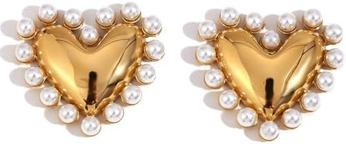 Gold Puffy Heart Pearl Stud Earrings for Women,Vintage Bohemian Geometric Love Statement Earrings... | Amazon (US)