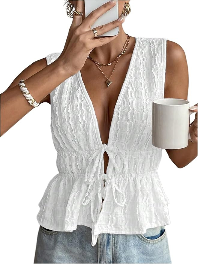 MakeMeChic Women's Tie Front Tank Top Sleeveless Ruffle Hem Crop Going Out Tops | Amazon (US)