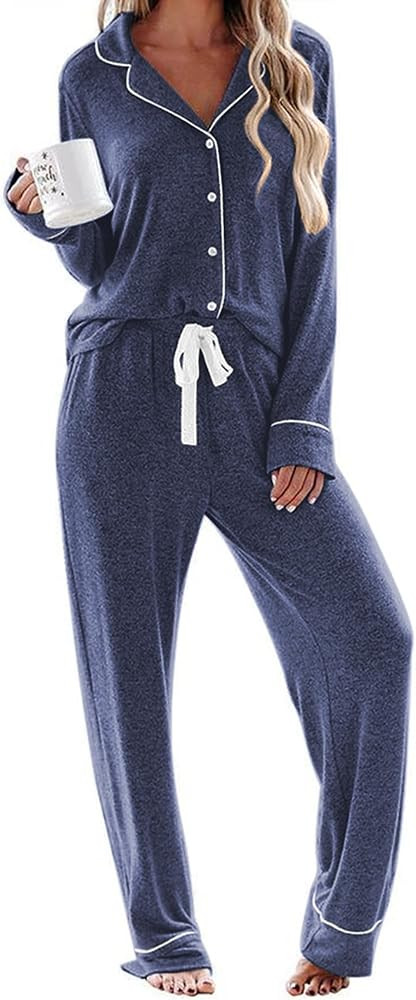 Ekouaer Women's Pajamas Long Sleeve Sleepwear Casual Button Down Loungewear Soft Pjs Set S-XXL | Amazon (US)