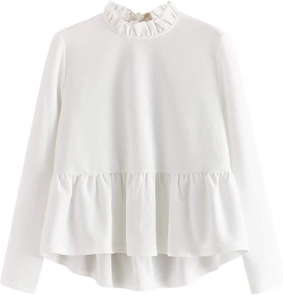 Romwe Women's Long Sleeve Mock Neck Ruffle Hem Work Peplum Blouse Tops | Amazon (US)