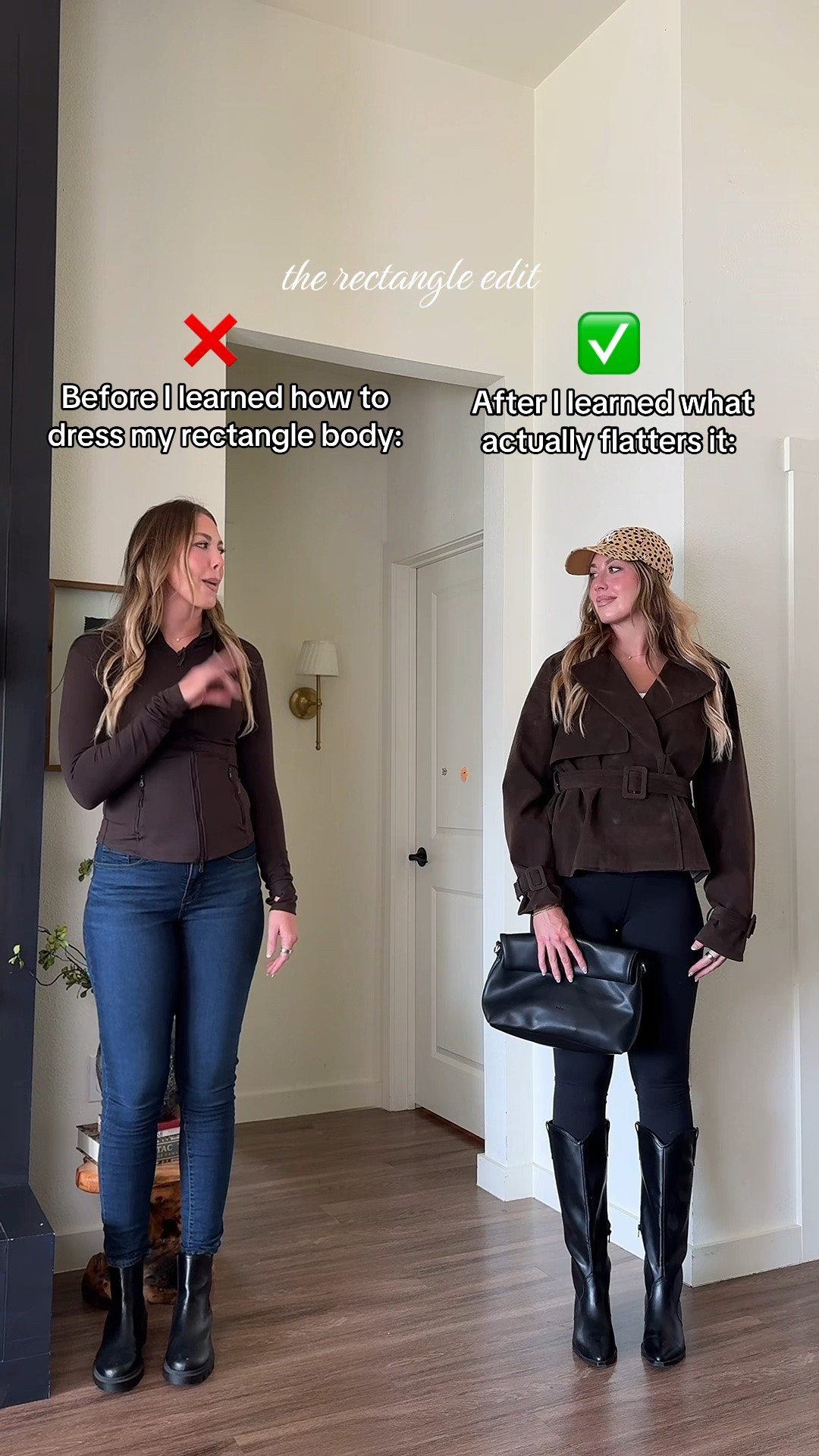 Why the AFTER outfit is more flattering for my rectangle body 🤎

The biggest difference? Creating waist definition. The belted waist gives my body a clear waist point instead of emphasizing a straight silhouette.

The structured jacket adds shape up top, while the cinched waist creates more of an hourglass illusion.

Then the black bottoms + tall boots create one long, uninterrupted line → hello, longer-looking legs!

It’s all about proportions + creating shape in the right places. 👏🏼

Same body. Different styling. HUGE difference.

I’m 510 wearing a medium in jacket and 4 in leggings