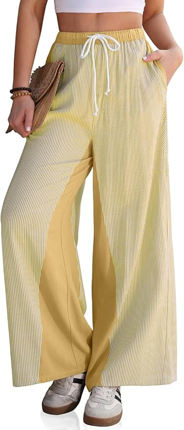 TARSE Women’s Linen Wide Leg Pants Striped Drawstring Elastic Waist Loose Fit Summer Boho Casua... | Amazon (US)