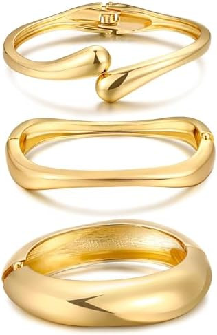 Chunky Gold Bangle Bracelets for Women, Dainty 14k Gold Plated Big Stackable Bangles Set, Trendy ... | Amazon (US)