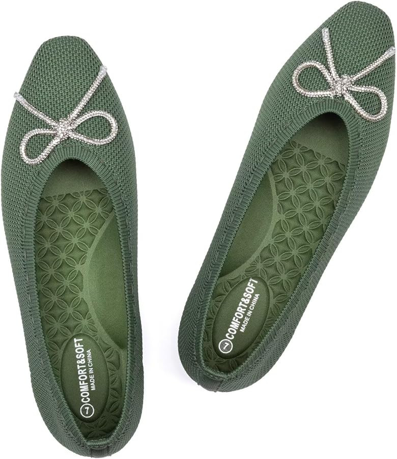 Frank Mully Ballet Flats for Women Square-Toe Flats with Rhinestone Bow Knot Casual Knitted Flat ... | Amazon (US)