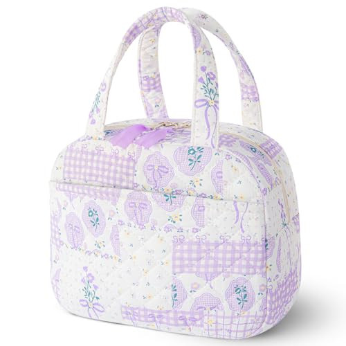 WOBAGMEN Quilted Lunch Box for Women,Coquette Aesthetic Lunch Box for Teen Girls,Cute Purple Bow Floral Lunch Bags for Work, School,Office,Picnic,Travel (Purple Bow Floral) | Amazon (US)