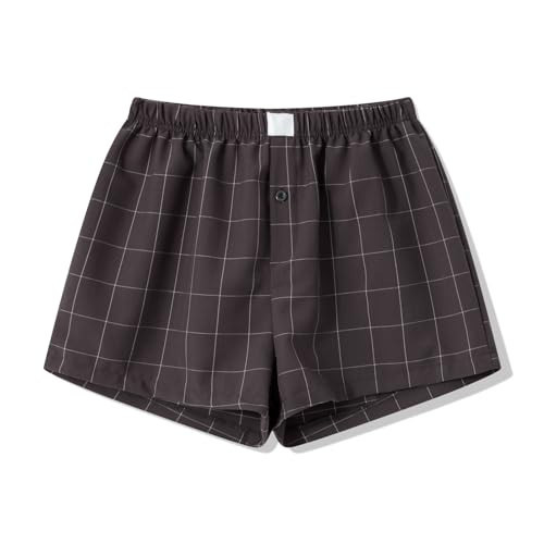 Women Gingham Boxer Shorts Y2k Cute Stripes Plaid Button Elastic Waist Lounge Boxers Dark Brown S | Amazon (US)
