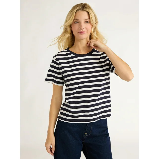 Free Assembly Women's Cotton Cropped Boxy Tee with Short Sleeves, Sizes XS-XXL - Walmart.com | Walmart (US)