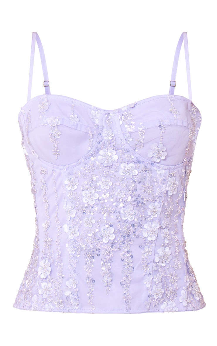 Lilac Floral Sequin Boned Corset | PrettyLittleThing US