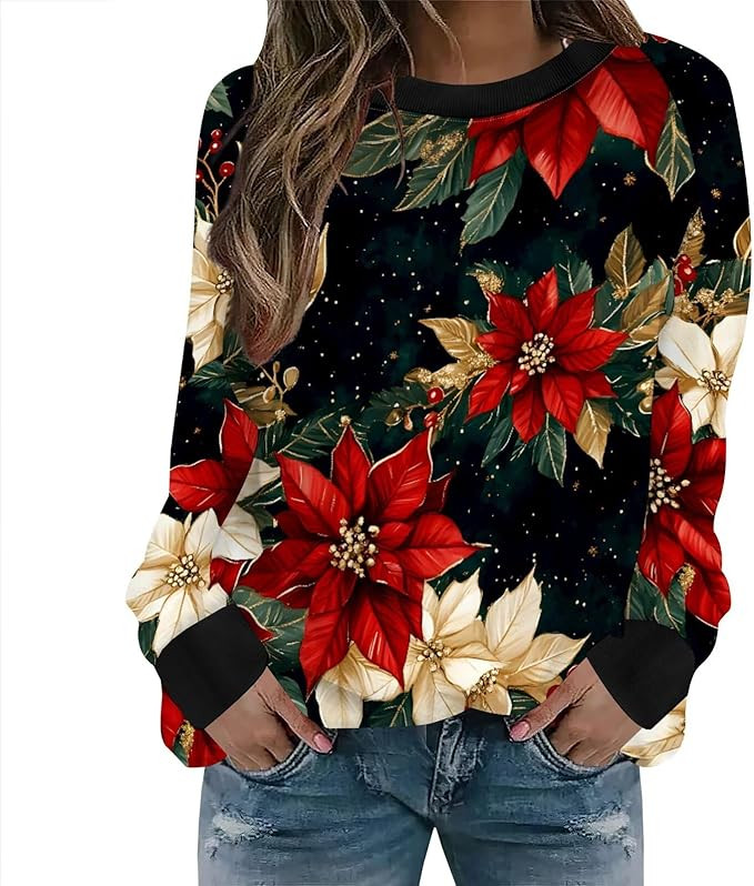 Neyaolk Womens Christmas Floral Sweatshirts Funny Graphic Crewneck Pullover Tops Casual Loose Lon... | Amazon (US)