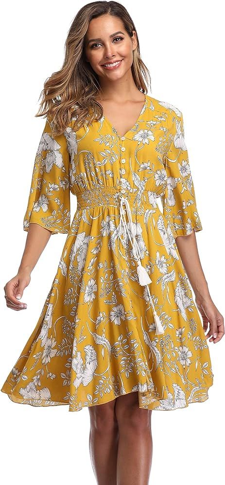 VintageClothing Women's Floral Sundresses Flowy Boho Summer Beach Dress Button Up | Amazon (US)