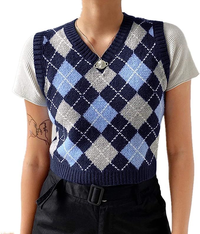 Hyipels Argyle Sweater Vest Women Y2K Plaid Knitted Streetwear Preppy Style V Neck Crop Knitwear ... | Amazon (US)