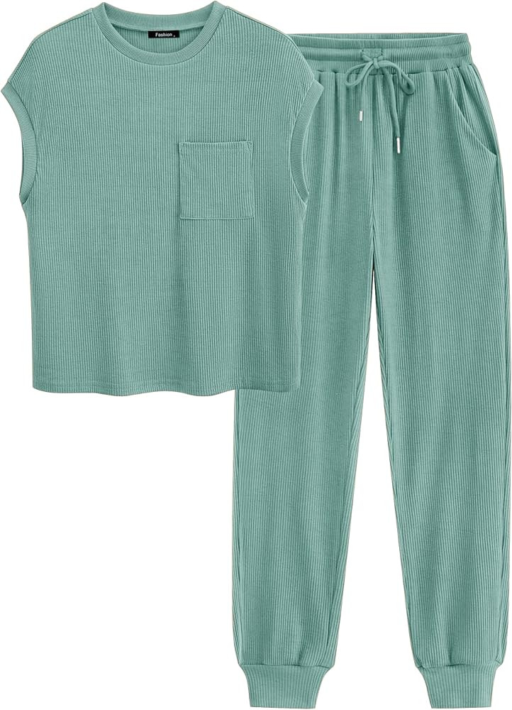 BTFBM Women's Two Piece Tracksuit Short Sleeve Tops Long Pants With Drawstring Outfits Jogger Set... | Amazon (US)