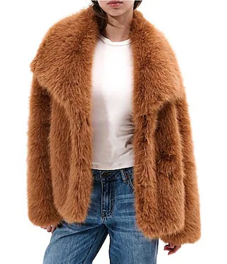 Azalea Wang Regina Tan Faux Fur Oversize Collar Snap Front Jacket - S | Dillard's