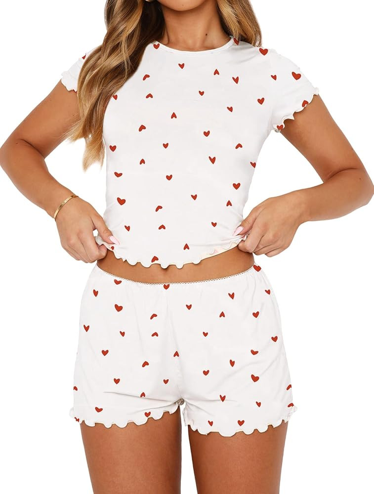 Lacozy Cute Pajamas for Women Set 2 Piece Short Sleeve Pjs Floral Graphic Crop Top Y2K Summer Sle... | Amazon (US)
