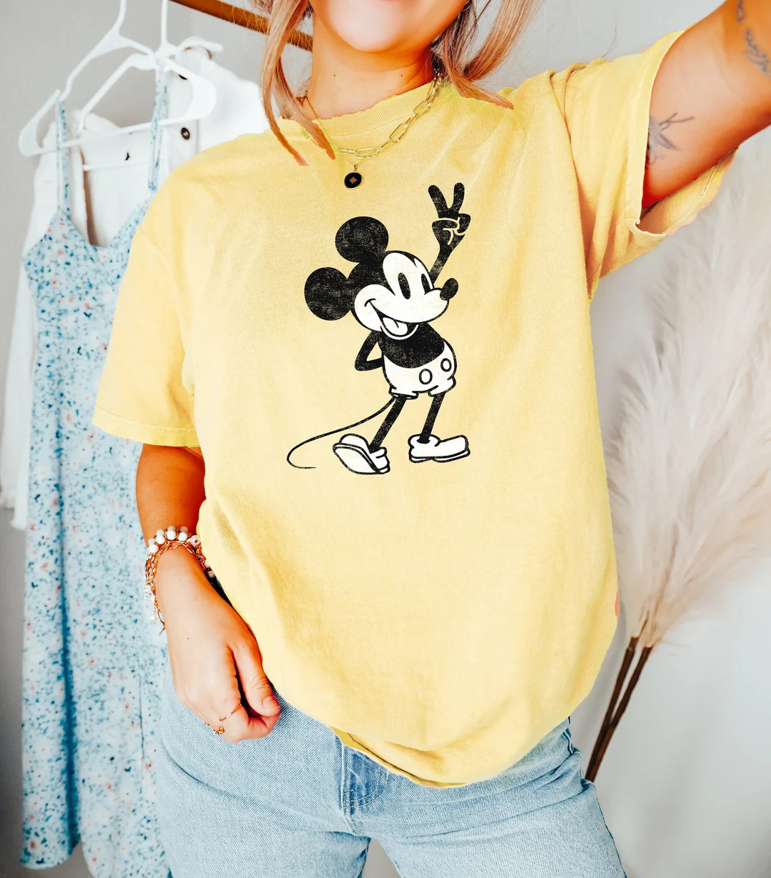 Steamboat Willie Peace Sign Mouse Shirt Tshirt Tee Family Vacation Shirt Distressed Comfort Color... | Etsy (US)